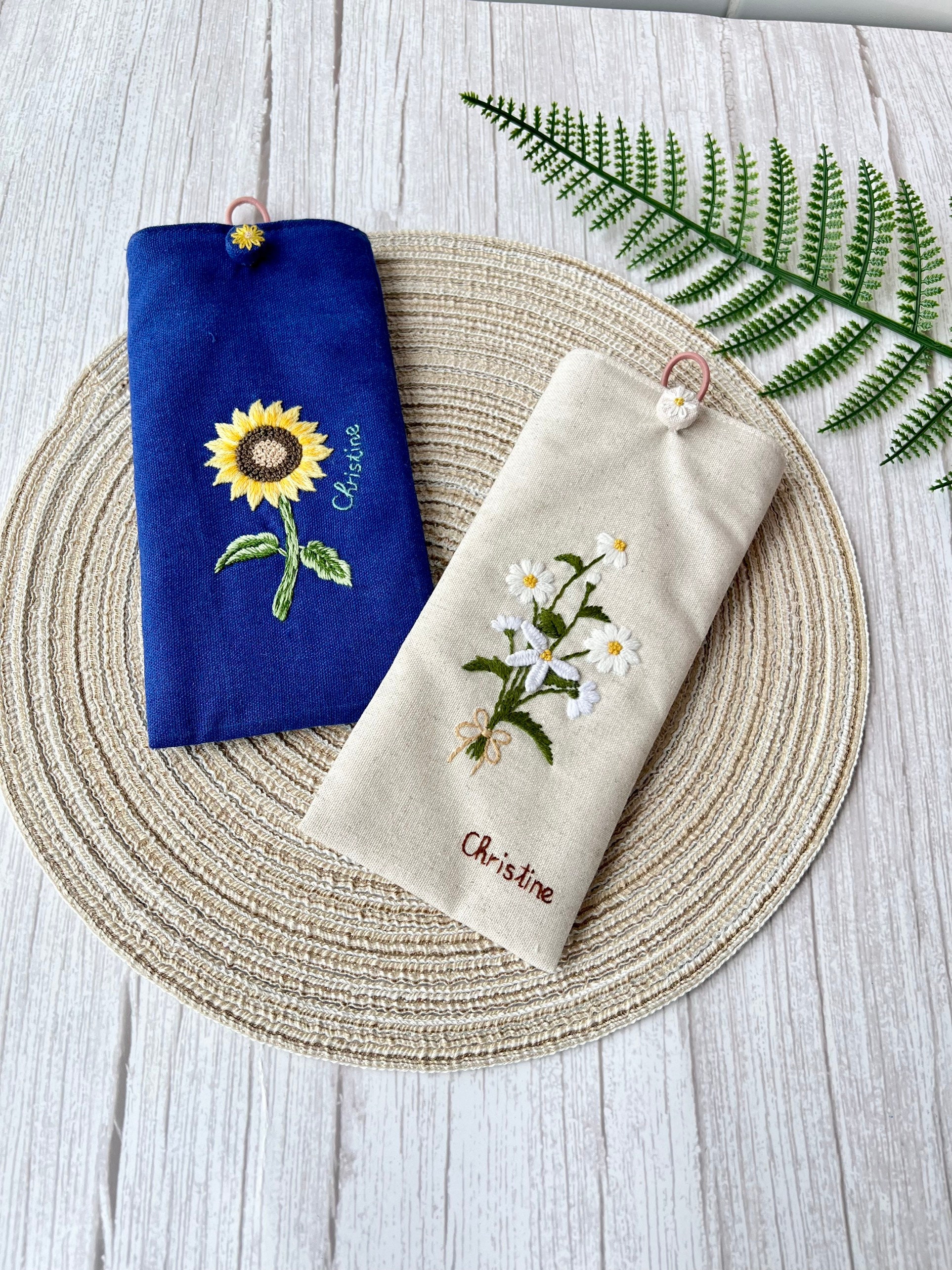 花刺繍入り眼鏡ケース、カスタム生地ソフトサングラスケース、手刺繍