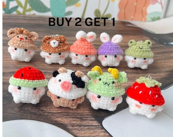 Cute Soft Mushroom Keychain, Buy 2 Get 1, Crochet Mushroom Wear Hat, Cute Crochet keychain, Cute Gift, Fun Keyring, Mushroom Themed Animal.
