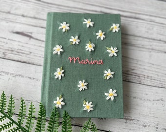 Journal Notebook A6 A5, Daisy Hand Embroidered Notebook,Fabric cover, Daisy Journal,Handmade Vintage Notebook,Custom Journal