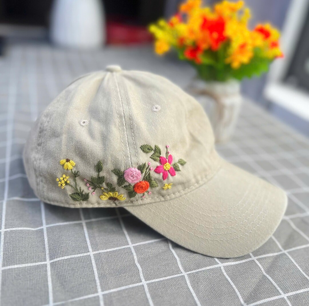 Custom Floral Hand Embroidered Baseball Cap, Flower Embroidered Hat ...