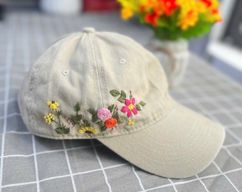 Custom Floral Hand Embroidered Baseball Cap, Flower Embroidered Hat, Wash Cotton Hat, Personalized Denim Cap, Women Hat, Summer Hat