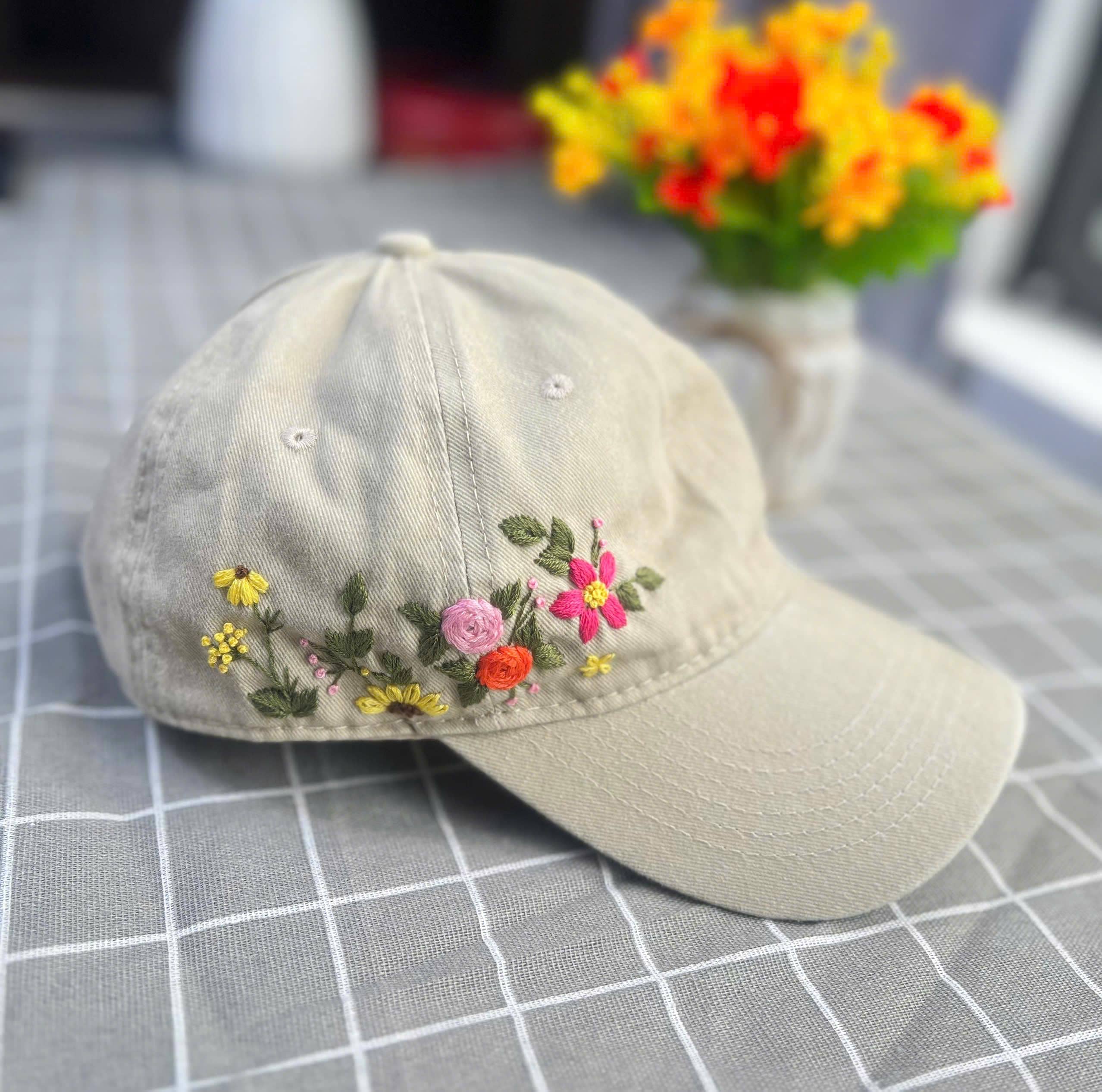 Custom Floral Hand Embroidered Baseball Cap, Flower  display picture 2