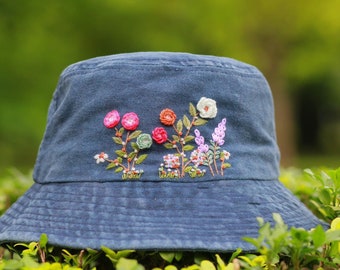 Custom Hand Embroidery Flower Bucket Hat, Rose Embroidered Bucket, Wash Cotton Hat, Handmade Summer Hat, Hat For Women