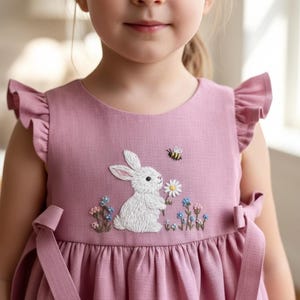 Bunny With Flower And Bee Linen Dress, Hand Embroidered Girls Soft Linen Dress, Toddler Dress,Floral Kid Clothing, Baby Dress,Birthday Dress