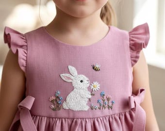 Bunny With Flower And Bee Linen Dress, Hand Embroidered Girls Soft Linen Dress, Toddler Dress,Floral Kid Clothing, Baby Dress,Birthday Dress