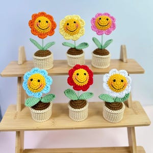 May include: Six crocheted flower pots with smiling faces in a display. The flowers are in orange, yellow, pink, blue, red, and white. Each flower has a yellow centre and green leaves. The pots are beige.