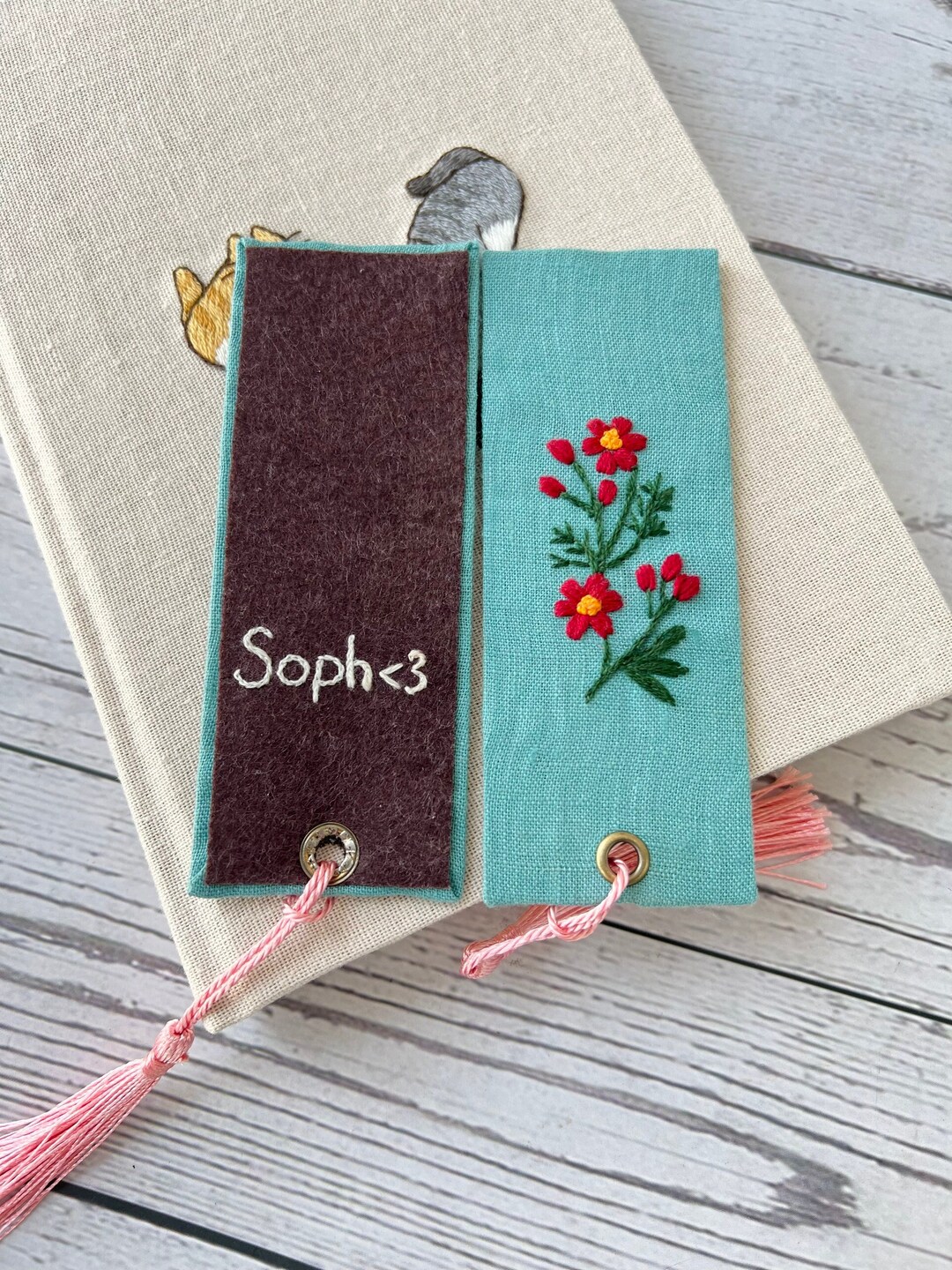 Hand Embroidered Custom Bookmark, Flower Hand Embroidered Bookmark