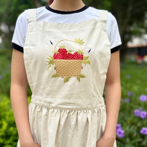 Strawberry Hand Embroidered Apron For Women, Personalized  Embroidered Apron, Linen Cotton Apron, Flower Embroidery Linen Apron,Custom Apron