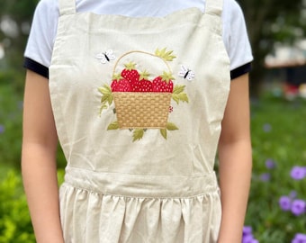 Strawberry Hand Embroidered Apron For Women, Personalized  Embroidered Apron, Linen Cotton Apron, Flower Embroidery Linen Apron,Custom Apron