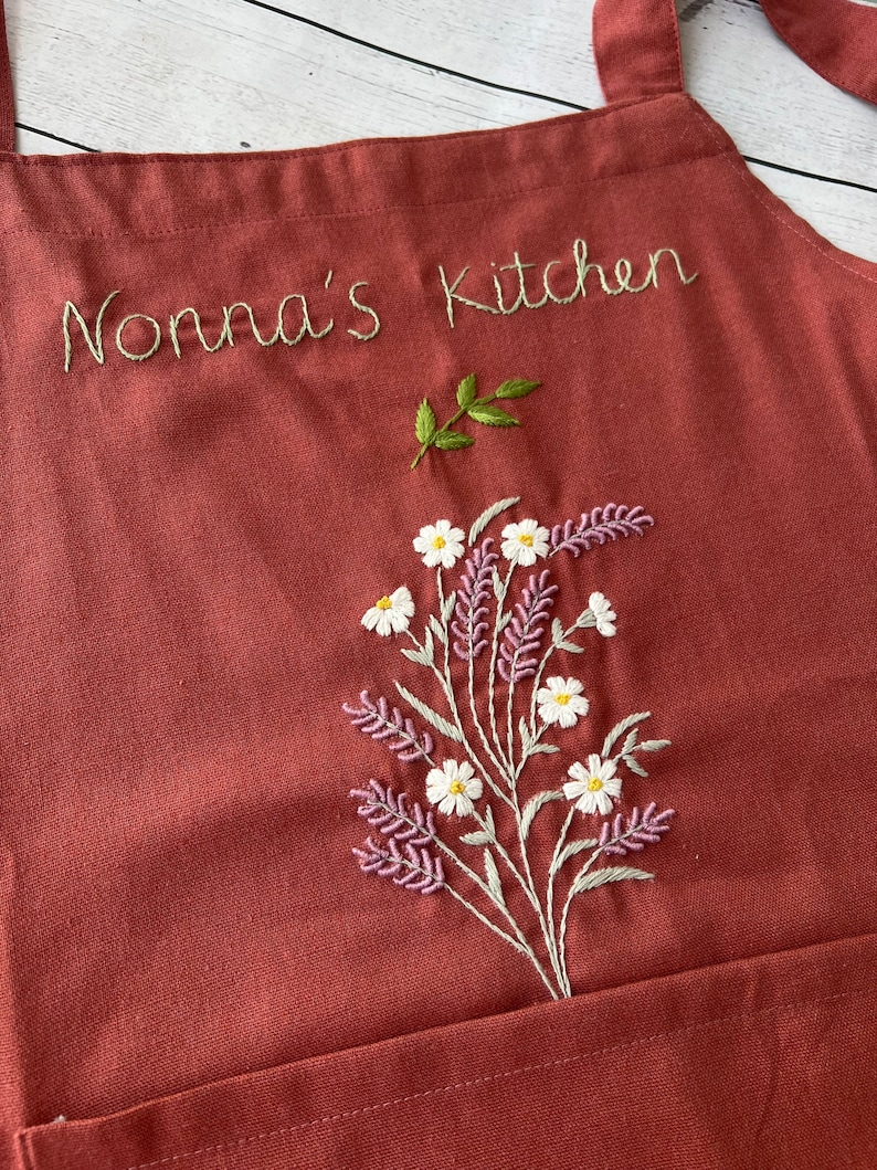 Personalized Embroidered Apron For Women, Hand-Embroidered Apron, Linen Cotton Apron, Flower Embroidery Linen Apron, Custom Apron image 2