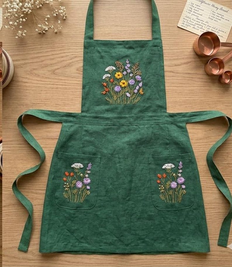 May include: A dark green apron featuring embroidered wildflower bouquets on the chest and two front pockets. The embroidery includes yellow, white, orange, and purple flowers with green stems. The apron has long ties and a neck strap.