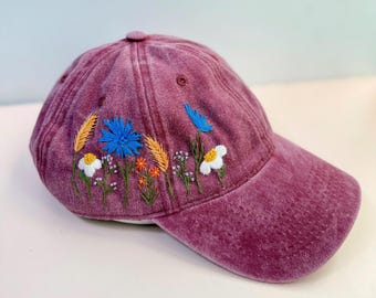 Custom Floral Hand Embroidered Baseball Cap, Daisy Embroidered Hat,Wash Cotton Hat,Personalized Embroidered Cap,Women Hat,Summer Hat
