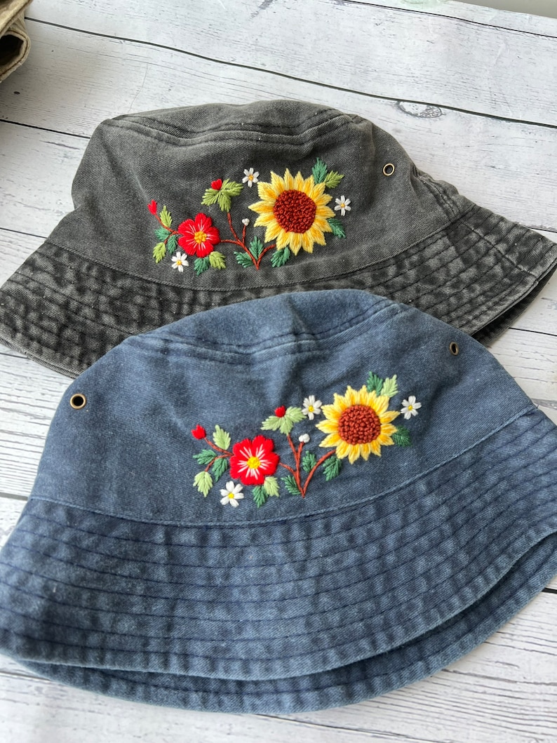 Custom Hand Embroidery Floral Bucket Hat, Daisy Embroidered Bucket, Wash Cotton Hat, Handmade Summer Hat, Hat For Women, Custom Bucket Hat image 9