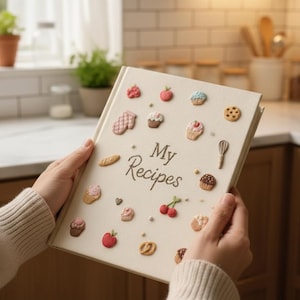 Puede incluir: Un libro de recetas color crema titulado "My Recipes" con decoraciones en relieve con temática de comida. La portada presenta cupcakes, galletas y frutas en miniatura. Un batidor y pan también están incluidos en el diseño. El libro está abierto, mostrando las páginas interiores.