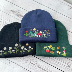 Hand Embroidered Beanie, Mushroom Beanie, Daisy Beanie, Wild Flower And Bee Beanie, Boho Beanie, Winter Hat, Christmas Gift, Birthday Gift