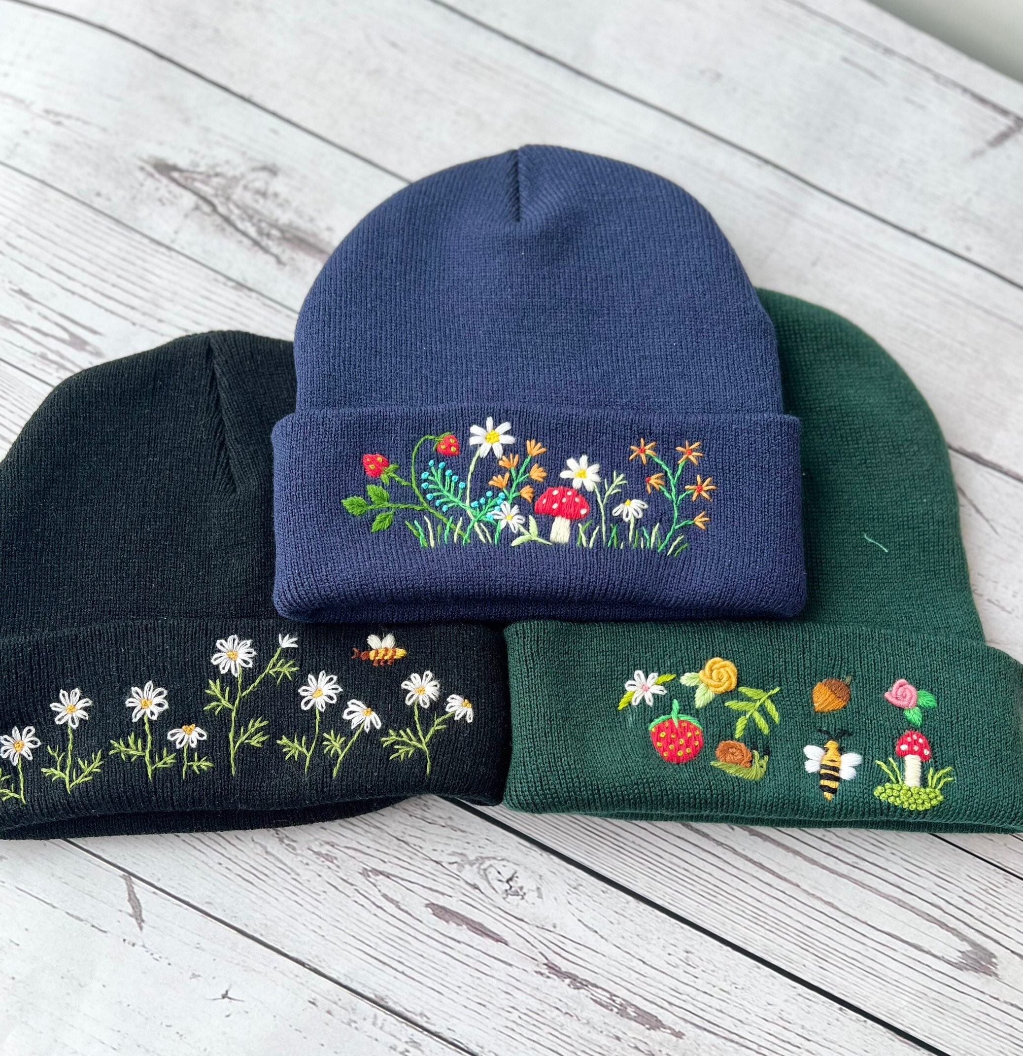 Hand Embroidered Beanie, Mushroom Beanie, Daisy Beanie, Wild