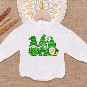 Cute Gnomes St Patrick&#39;s Day Baby Romper Sweater, Shamrocks Patrick&#39;s Day Baby Romper, Four Leaf Clover Baby Bodysuit, Irish Patrick&#39;s Day