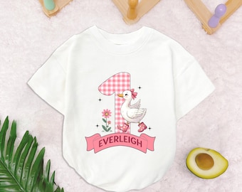 Personalized Goose 1St Birthday Baby Romper Short Sleeves, Baby Duck Romper, Silly Goose Birthday Bodysuit, Baby Girl Outfit