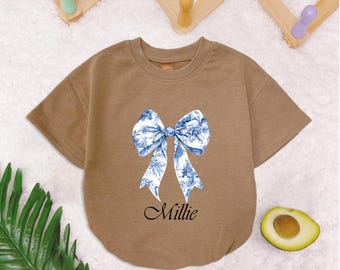 Personalized Coquette Blue Toile Baby Romper Short Sleeves, Flower Bow Girl Romper, First Birthday Girl Baby Bodysuit, Coquette Girl Clothes