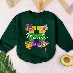 Personalized Mardi Gras Baby Name Romper Long Sleeves, Mardi Gras Doodle Letter Romper, 1St Mardi Gras Baby Clothes