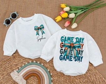 Personalized Game Day Baby Romper, Vintage Football Bow Romper, Coquette Baby Outfit, Football Baby Clothes, Matching Family Outfits