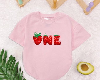 Strawberry Baby Romper Sweatshirt, 1st Birthday Bodysuit, First Birthday Girl, Baby Romper, Birthday Gift