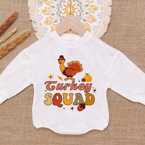 Turkey Squad Baby Romper Sweatshirt, Retro Thanksgiving Baby Romper, Cute Fall Season Bodysuit, Newborn Outfit