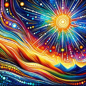 May include: Abstract art painting with a colorful, swirling design. The painting is made up of small dots of various colors, creating a textured effect. The colors in the painting include blue, green, yellow, orange, red, and purple. The painting is reminiscent of a starry night sky with a bright sun in the center.