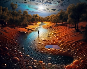 Whispering River Dreaming Aboriginal Art, Dot Style Print, Australian Art, Wall Art, Surreal, Orange & Blue, River and Sky