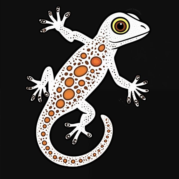 Impression d’art aborigène, Midnight Sun Gecko, Art indigène, Affiche d’art australien, Australian Dot Art, Noir, Orange.