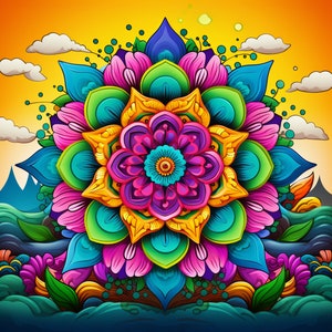 Peut inclure: Un livre de coloriage de mandala coloré pour adultes avec un motif floral vibrant. Le mandala présente une variété de couleurs, notamment le rose, le bleu, le vert, le jaune et l'orange. La couverture du livre comprend également le site Web www.ColorYourPage.com.