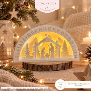 Puede incluir: Un calendario de adviento semicircular blanco impreso en 3D que presenta una silueta de escena de nacimiento con un pesebre, figuras y pinos. El arco está numerado del 1 al 24 y el interior está iluminado con una luz amarilla cálida.