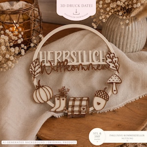 May include: A circular wooden wall hanging featuring the German text HERBSTLICH Willkommen. The design includes laser-cut motifs of a pumpkin, rain boots, a plaid blanket, an acorn, a mushroom, and leaves arranged along the bottom and sides.