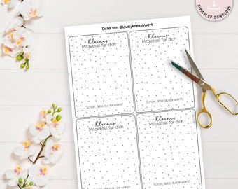 May include: Four printable gift tags with a polka dot background. Each tag has the text "Kleines Mitgebsel fur dich" and "Schon, dass du da warsti" in black text.