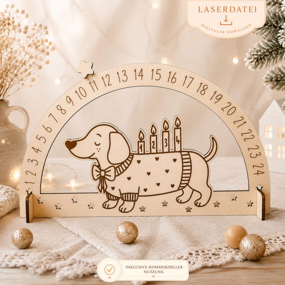 Laserdatei Adventskalender Dackel Adventscountdown Bogen Weihnachten Dachshund Laserdatei SVG, DXF + Gewerbelizenz