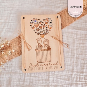 Fichier laser petit exauceur de souhaits cadeau d'argent mariage juste marié montgolfière amour bois couple de mariés fichier laser SVG + licence commerciale
