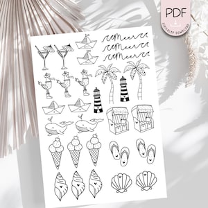 Tatuaggio di candela marittima estate PDF modello di sedia da spiaggia barca palma conchiglia mare da stampare illustrazione + licenza commerciale