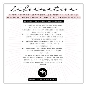 May include: A white paper with black handwritten text titled "Information". The text provides instructions on how to download digital files purchased from the shop. Includes a download icon and the shop's social media handle.