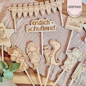 Laserdatei Einschulung Caketopper Stecker endlich Schulkind Dino Einhorn Geschenk Schulkind 2025 lernen SVG Laserdatei + Gewerbelizenz
