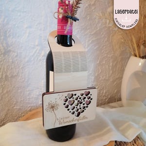 Laserbestand kleine wensvervuller geld cadeau fles hanger wijn champagne hout kaart paardebloem SVG laserbestand + commerciële licentie