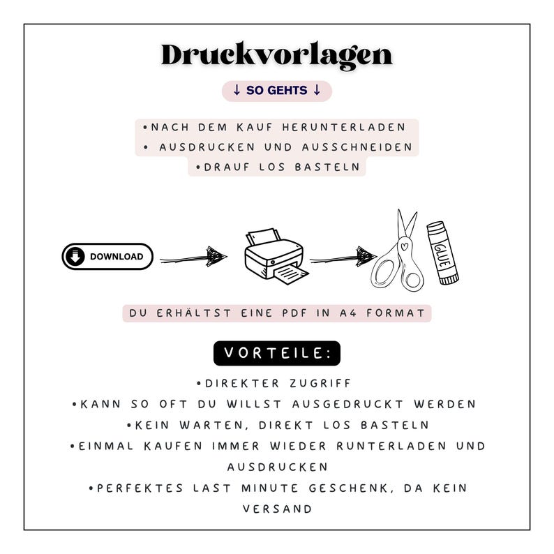 May include: A black and white illustration of a printer, scissors, and glue stick. The text "Druckvorlagen" is at the top of the image. The text "SO GEHTS" is below the title. The text "NACH DEM KAUF HERUNTERLADEN AUSDRUCKEN UND AUSSCHNEIDEN DRAUF LOS BASTELN" is below the title. The text "DU ERHALTST EINE PDF IN A4 FORMAT" is below the illustration. The text "VORTEILE: DIREKTER ZUGRIFF KANN SO OFT DU WILLST AUSGEDRUCKT WERDEN KEIN WARTEN, DIREKT LOS BASTELN EINMAL KAUFEN IMMER WIEDER RUNTERLADEN UND AUSDRUCKEN PERFEKTES LAST MINUTE GESCHENK, DA KEIN VERSAND" is below the text "DU ERHALTST EINE PDF IN A4 FORMAT".
