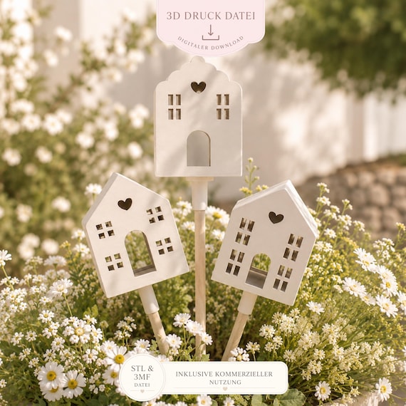 3D Druck Datei Häuser Gartenstecker Windlicht | STL & 3MF Datei | Haus Deko Stecker Set | Kommerzielle Nutzung inklusive