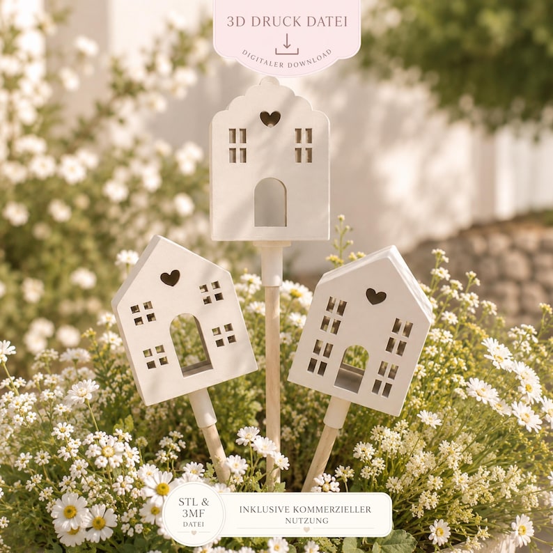 May include: Three white, house-shaped garden stakes with heart cutouts and window details are displayed in a bed of white flowers. The stakes have wooden handles. Text on the image reads "3D Druck Datei" and "Digitaler Download".