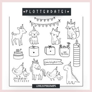 Könnte beinhalten: Schwarz-Weiß-Illustrationen zum Thema Geburtstag. Enthält ein Reh, einen Hund, eine Katze, einen Fuchs, einen Kuchen, Geschenkboxen, eine Kerze, ein Einhorn, Hühner und einen Dinosaurier, alle mit Partyhüten. Text enthält "Happy Birthday" und "Geburtstagskind".