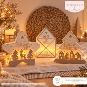May include: Three illuminated decorative ornaments in the shapes of a star, a house, and a Christmas tree. The star features a deer and the text Sternen Glanz. The house displays the text Das ist das Haus vom Nikolaus. The tree shows Winter Wonderland.