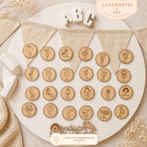 May include: Wooden alphabet learning set with engraved letters and corresponding illustrations. Includes the letters A through X, with images like an apple for A and a rainbow for Rr. The set is displayed on a white circular board with a banner.