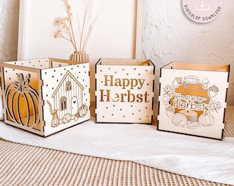 Laser file autumn tealight holder lantern house Happy Autumn autumn light set of 3 SVG tealight holder plywood SVG + commercial license
