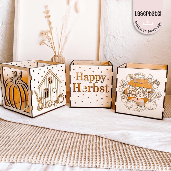 Laserdatei Herbst Teelichthalter Windlicht Häuschen Happy Herbst Herbstlicht 3er Set SVG Teelichthalter Sperrholz SVG + Gewerbelizenz