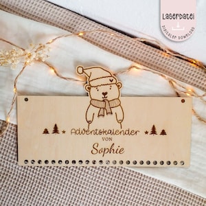 Archivo láser Calendario de Adviento niños personalizable Oso de Navidad Navidad Adviento pre-Navidad SVG + licencia comercial