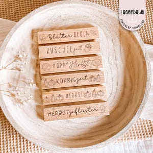 May include: A collection of six wooden blocks with engraved fall-themed phrases and illustrations, including leaves, acorns, pumpkins, and a hedgehog. The blocks are arranged in a wooden bowl, with the text "Laserdatei digitaler download" in the upper right corner.